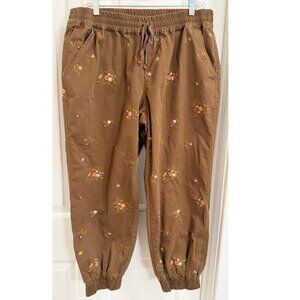 Driftwood Embroidered Floral Canvas Jogger Pants Brown 1X Boho